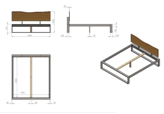 Železná postel Tara 160×200 v kombinaci masivní dub a kov