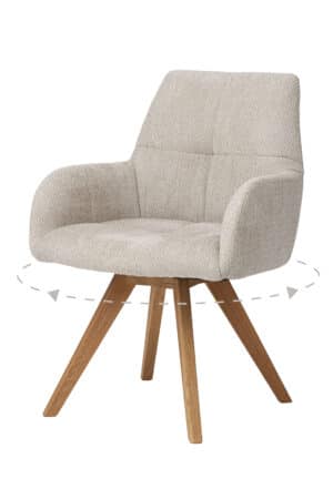 Štýlové otočné kresielko Amber spája prirodzenú krásu masívneho duba s elegantným čalúnením v svetlej béžovej farbe. Ponúka výnimočné pohodlie, praktické otáčanie do strán a automatické vrátenie sedáku do pôvodnej polohy. Skvelá voľba ako pre moderné, tak aj klasicky ladené interiéry.