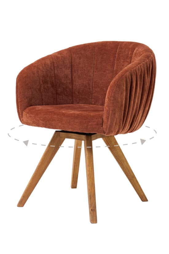 Štýlové otočné kreslo Elba kombinuje prírodnú krásu masívneho dubového dreva s elegantným čalúnením v teplej hnedej farbe. Ponúka výnimočné pohodlie, praktické otáčanie do strán a automatické vrátenie sedáku do pôvodnej polohy. Ideálna voľba pre moderné a klasické interiéry.