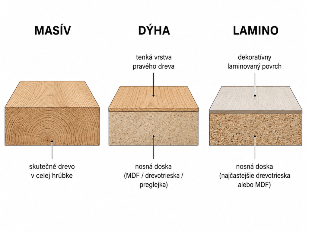 Porovnanie troch materiálov v priereze: masívne drevo (plné drevo), dyha (drevo na nosnom materiáli) a lamino (drevotriesková doska s vrstvou laminátu).